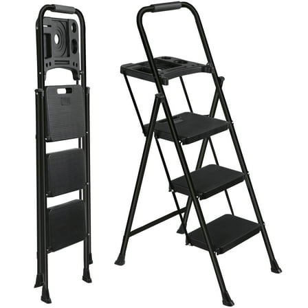 SSyao 3 Step Ladder Folding Steel Ladder with Non-Slip Wide Pedal and Tool Tray Black