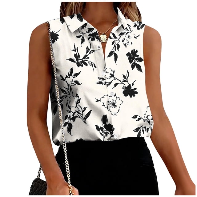 Blusa Blanca sin Mangas para Mujeres con Cuello Punteado Y Cierre Frontal Completo con Botones, Cardigan Negro Ligero para Uso de Oficina Y Eventos Semi-Formales
