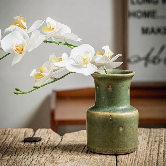 Green Ceramic Flower Vase – Small Rustic Farmhouse Vase for Home Décor, Tabletop & Shelf Display