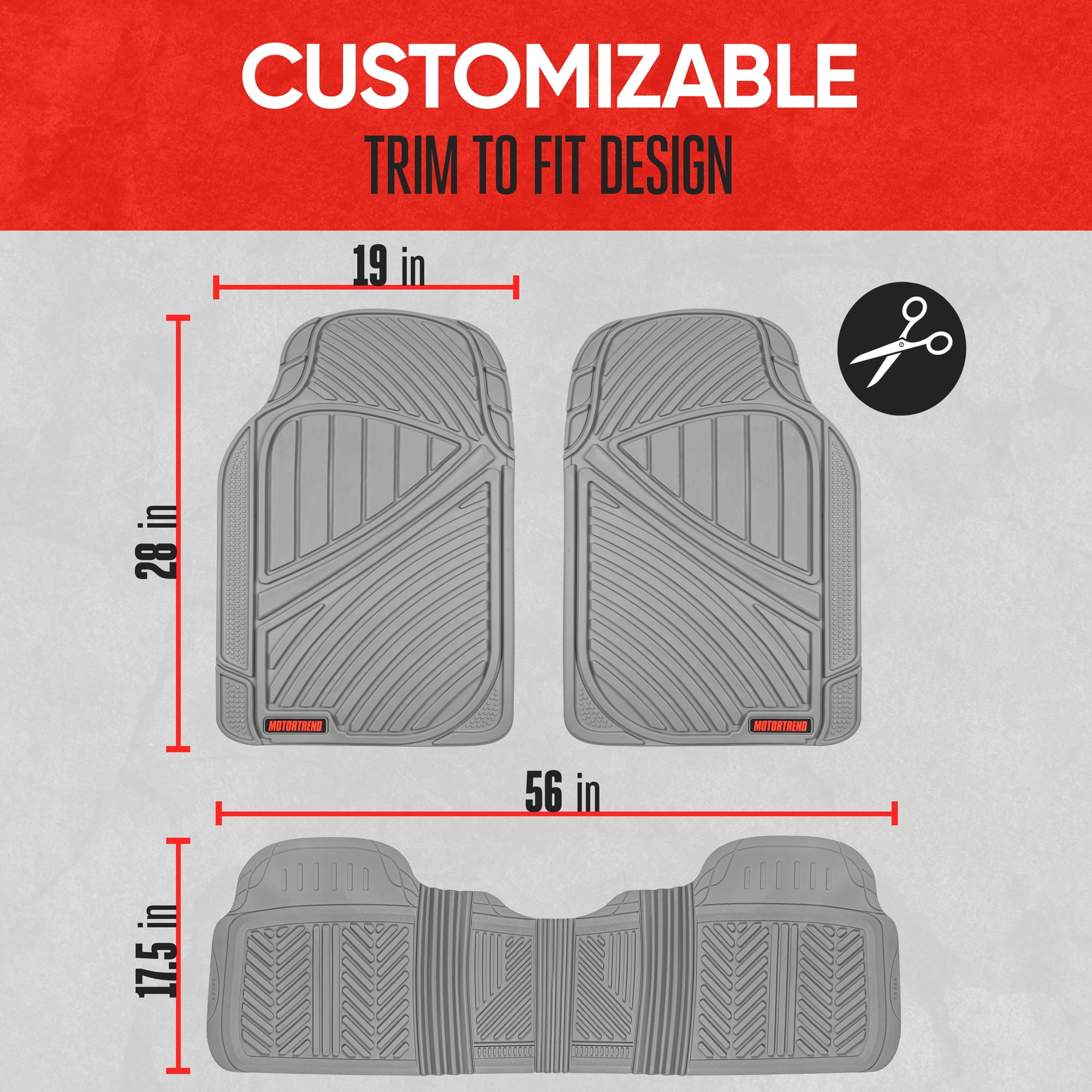 MOTOR TREND & BDK Heavy Duty Gray Rubber Car Mats Full Set - Universal Trim-To-Fit All Weather Floor Mats - Floor Mats for Car Accessories - Front & Back Interior Floor Mats for Truck Accessories
