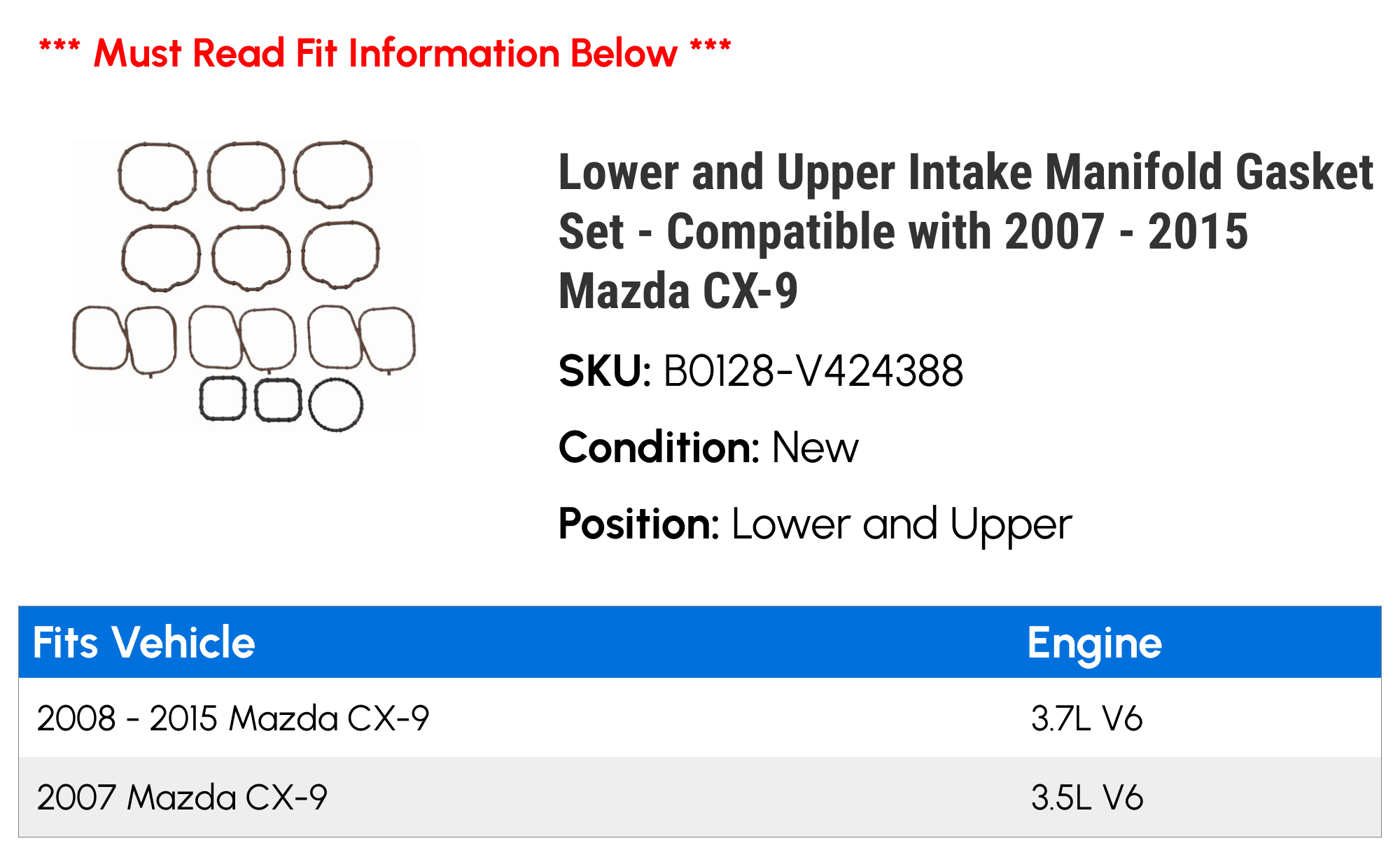 Lower and Upper Intake Manifold Gasket Set - Compatible with 2007 - 2015 Mazda CX-9 2008 2009 2010 2011 2012 2013 2014