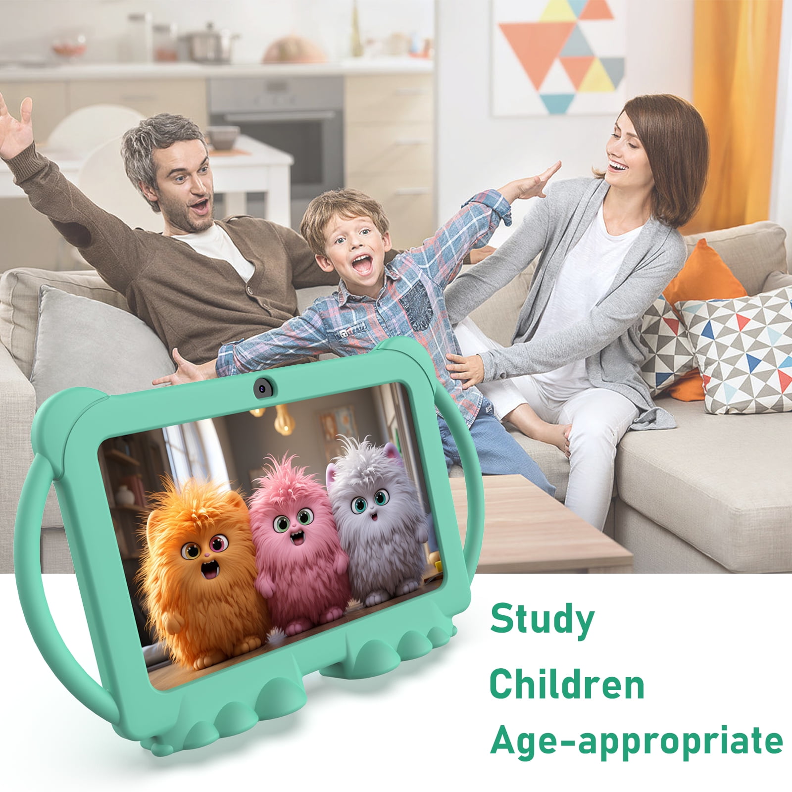Kids Tablet 7 inch, Android Toddler Tablets with Shockproof  Case, Tablet for Kids 4GB+32GB+1TB Expand 1024x600 IPS HD Touchscree, Quad-Core Processor with WiFi Bluetooth Dual Camera, Green