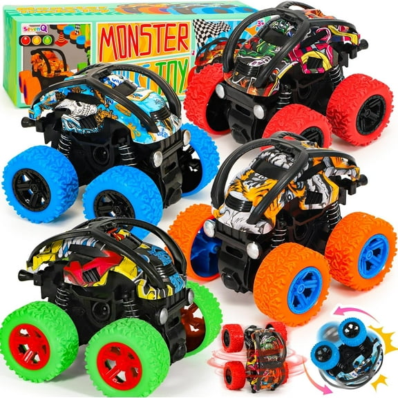 SevenQ Monster Truck Toys for Kids, 4 Pack Pull Back Cars Stunt Car, Push Friction Powered Toy Cars for Toddlers Boys Vehicles Toys Birthday Gifts