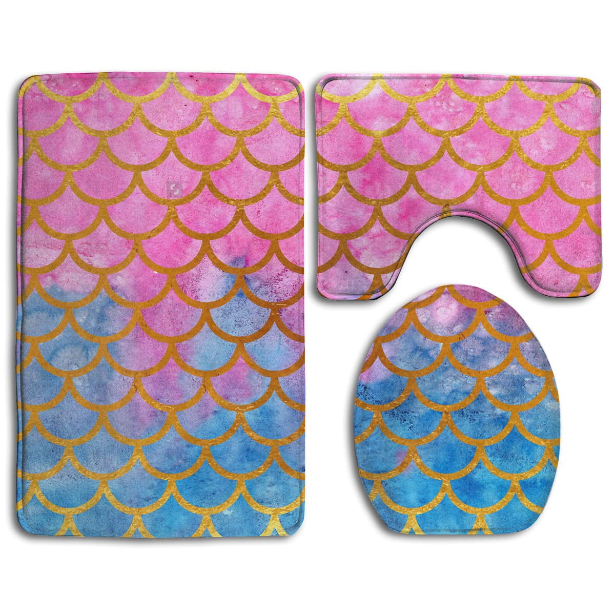 PUDMAD Mermaid Watercolor Gold Pink Fish Scales 3 Piece Bathroom Rugs Set Bath Rug Contour Mat