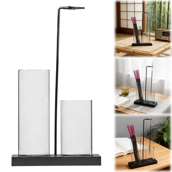 Glass Incense Holder, Black Incense Sticks Burner Holder with Storage, Hang Upside Down Incense Holder for Sticks with Glass Ash Catcher for Meditation Yoga Spa Room Decor, 1 Pcs, 5.9x3.03x10.03"