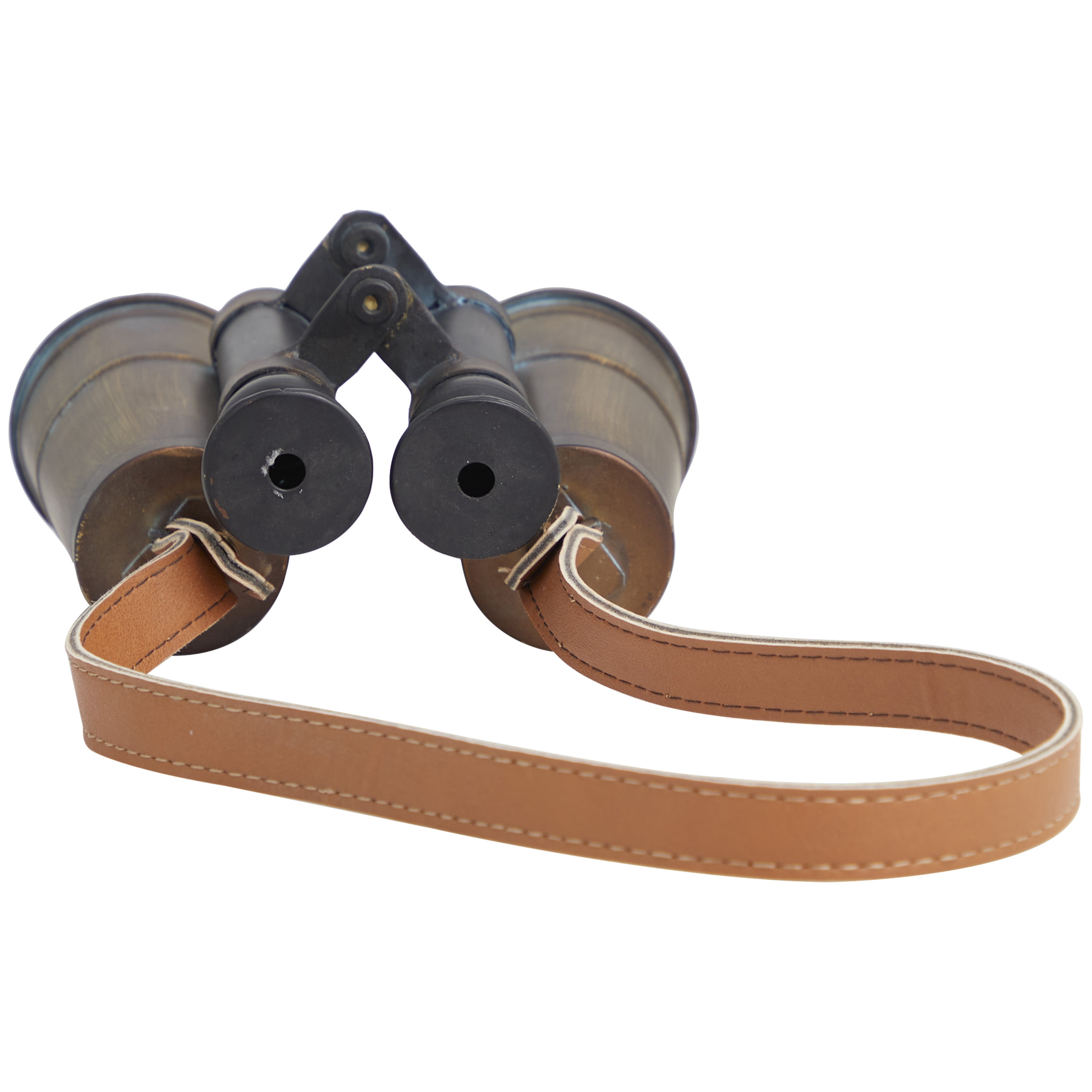 DecMode 7" x 7" Copper Metal Antique Binocular Telescope Tabletop Décor with Brown Faux Leather Strap, 1-Piece