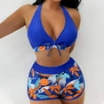 thumbnail image 2 of QLEICOM Womens Swimsuits Tummy Control Plus Size Swimsuit Coverup Fashion Floral Print Halter Split Swimsuit Bikini Print High Waist Beachwear Set Dark Blue XL, 2 of 7
