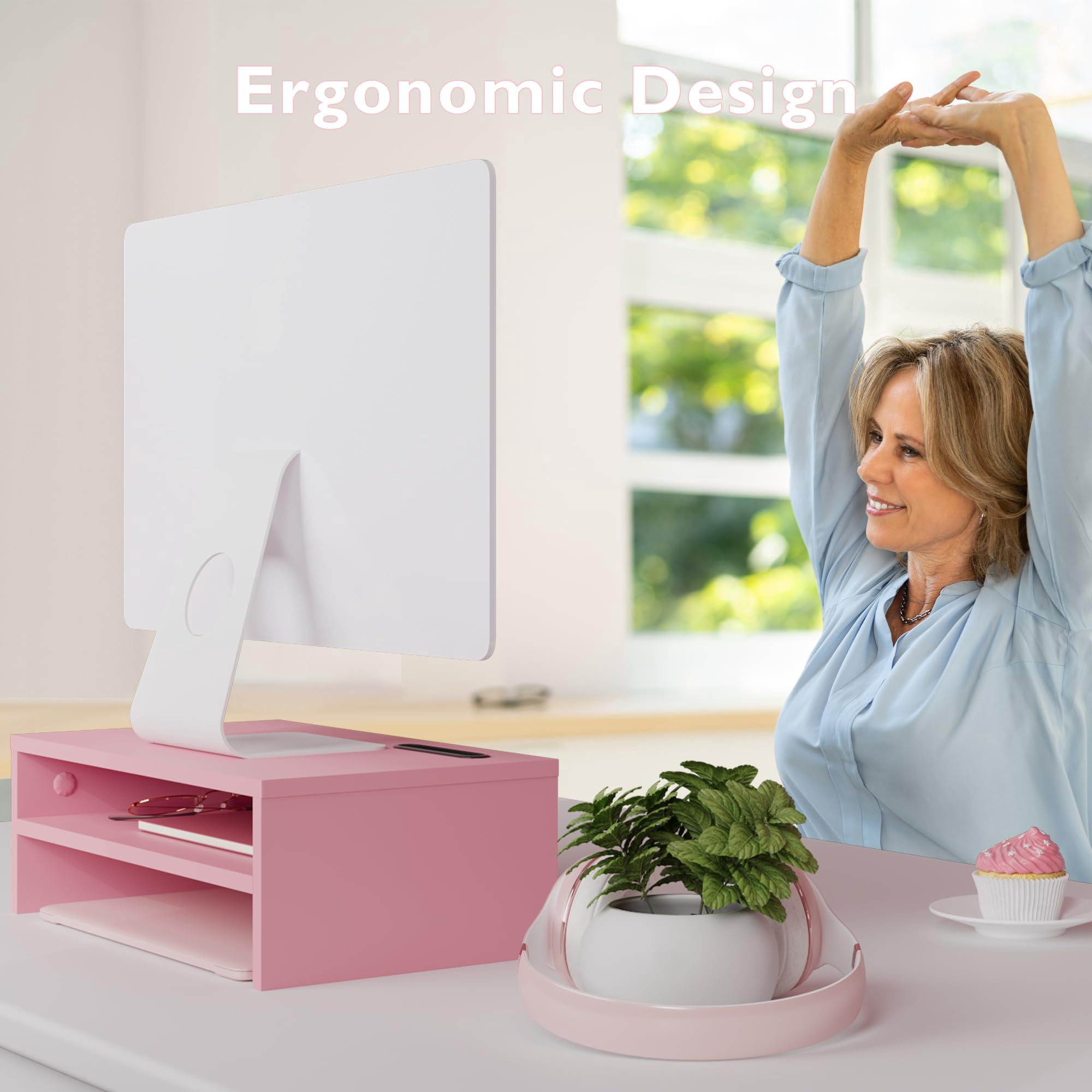 Wooden Monitor Stand Riser  2-tier Desk Shelf With Storage Organizer Computer Cable Management Cellphone Holder Pink 16.5 Inch