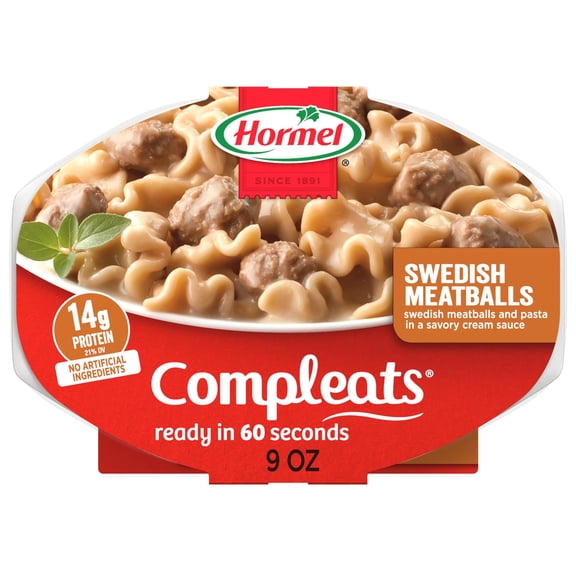 HORMEL COMPLEATS Swedish Meatballs with Pasta in Cream Sauce, Shelf-Stable, 9 oz Plastic Microwaveable Tray