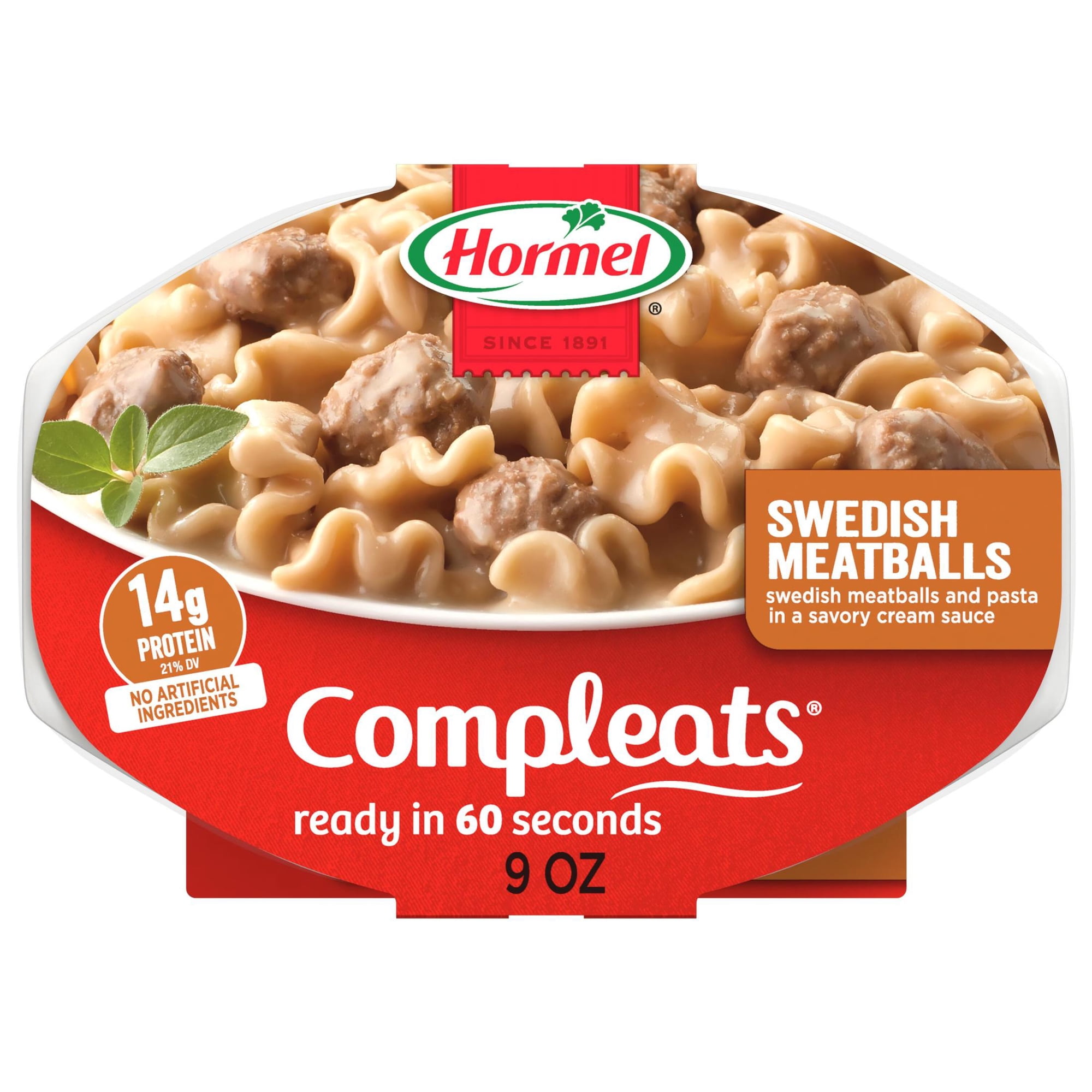 HORMEL COMPLEATS Swedish Meatballs with Pasta in Cream Sauce, Shelf-Stable, 9 oz Plastic Microwaveable Tray