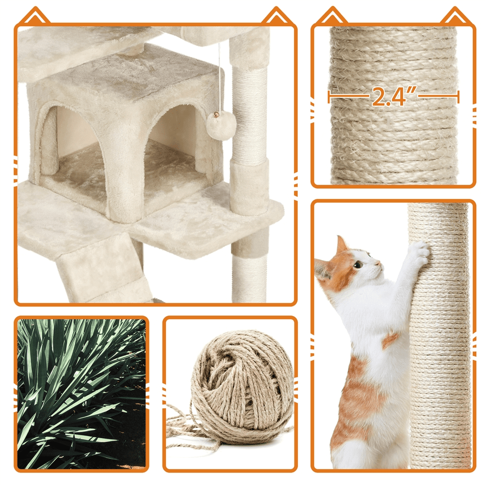 Alden Design 62''H Double Condo Cat Tree with Scratching Post Tower, Beige
