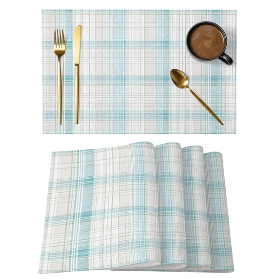 Teal Beige Checkered Placemats Set of 6 Summer Modern Minimalist Place Mats Indoor Wipeable Table Mats Washable Cloth Dining Table Placemats for Kitchen Holiday Party Home Decor 13x19 Inch