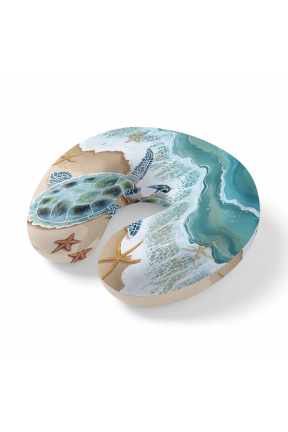 Neck Pillow Ergonomic Memory Foam U Shaped Pillows,Sea turtle Coastal Starfish Beach Soft Portable Neck Head Support Cushion Pillow for Travel Airplane Car Office Use,Blue Ocean Water