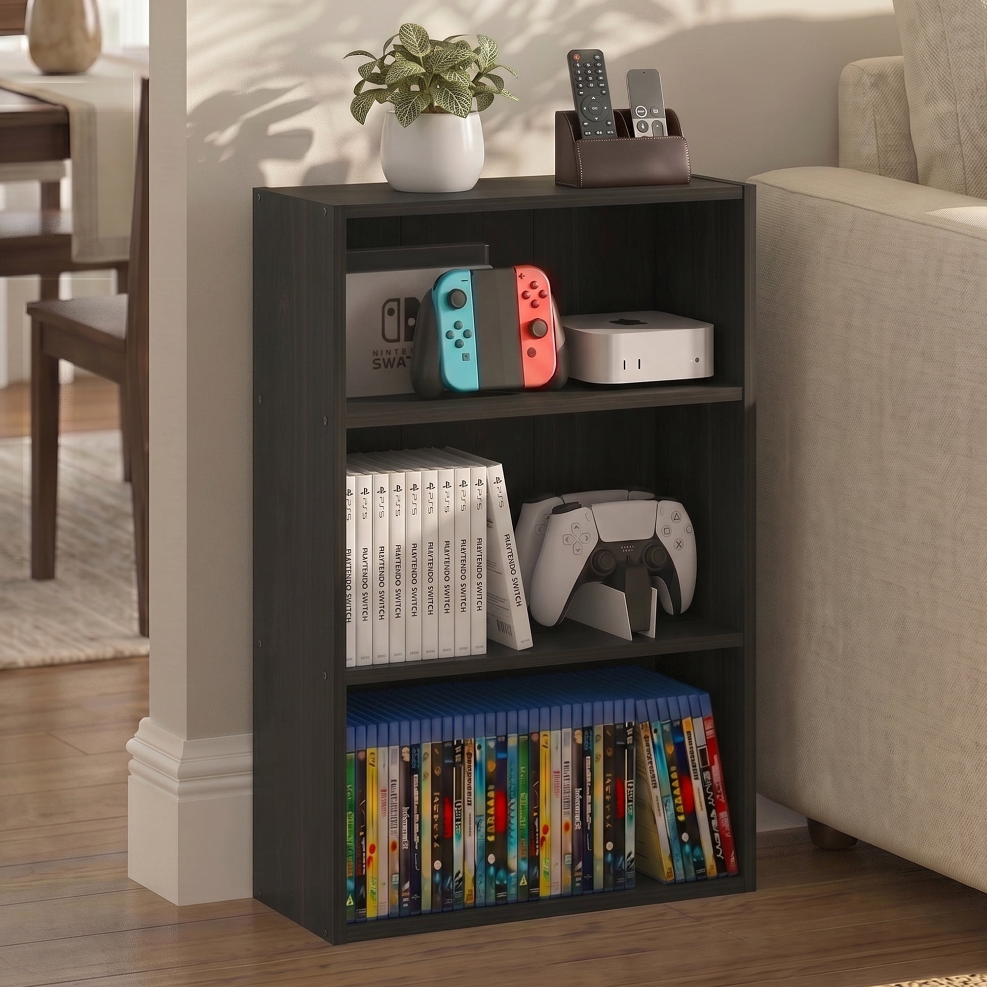 Furinno BASIC 3-Tier Media Storage Rack with Open Cube Shelves, 7 x 17 x 26 Inches, Espresso