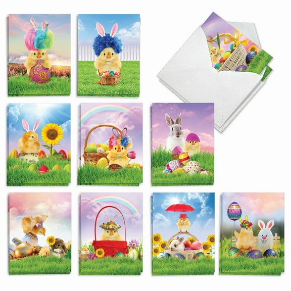The Best Card Company 20 Assorted Easter Notecards Bulk Box Set 4 x 5.12 Inch with Envelopes (10 Designs, 2 Each) Chicks in a Basket AM9077EAG-B2x10