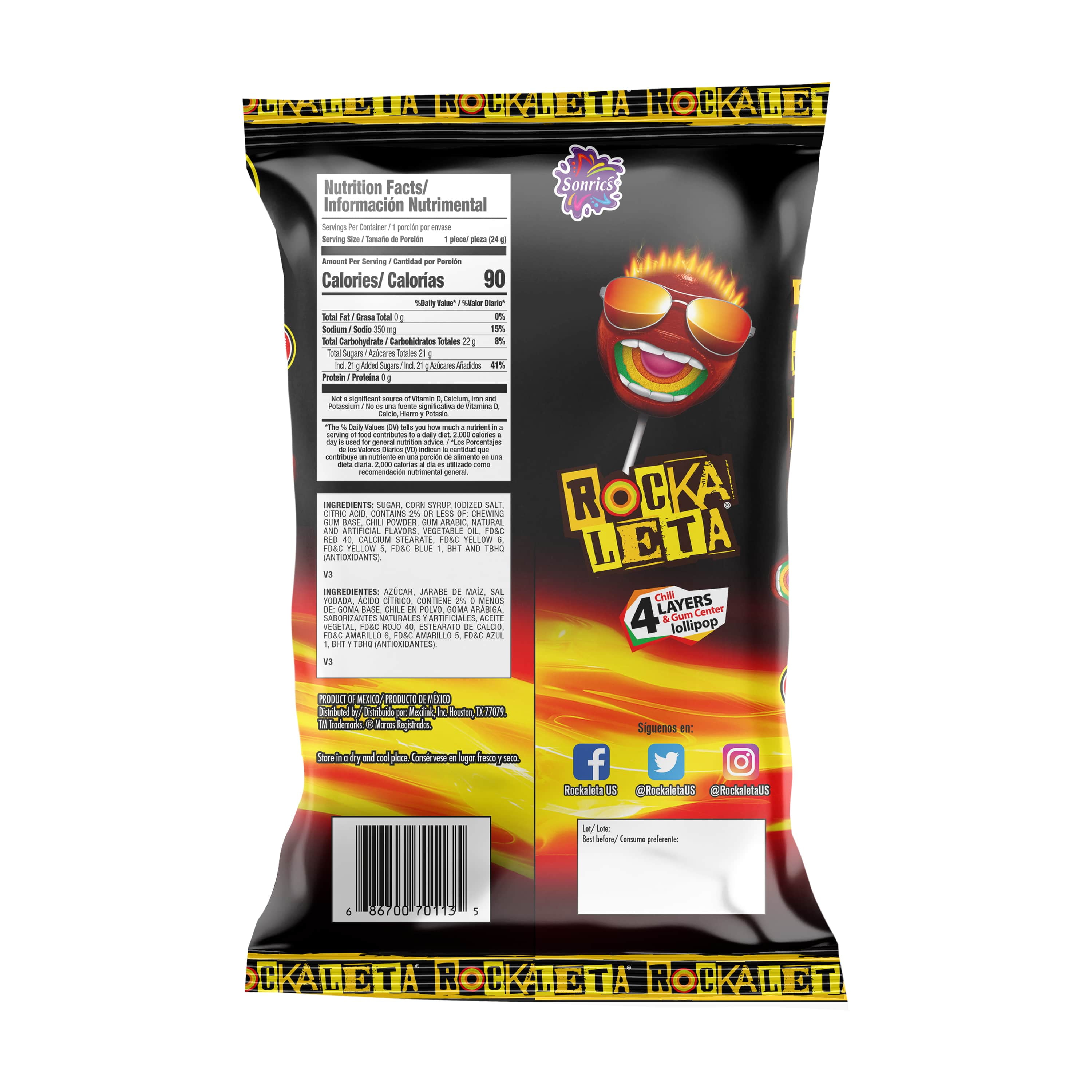 (6 pack) Sonric's Rockaleta Lollipops, Mexican Lollipop with Bubble Gum Center, 6 Ct