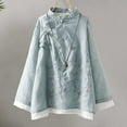 thumbnail image 2 of Lixiuxyad T-Shirts à Col Roulé pour Femmes Chemise en Lin Brodée à Boutons pour Femmes Vêtement de Thé Zen Chinois Coupe Ample Contraste Col Rond, 2 of 4