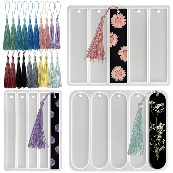 3PcsBookmark Resin Molds Silicone Set, Blank Silicone Bookmark Molds Kit with 20pcs Tassels, Rectangle Bookmark Molds for Epoxy Resin Casting Crafts