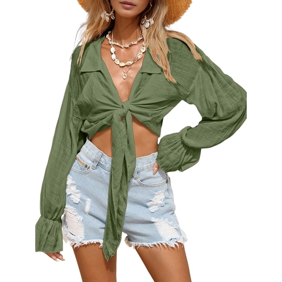 Women'S Swimwear Cover Ups Tops Tunic Self-Tie Swimsuit Long Sleeve Soft Beach Shirt for Women Green S