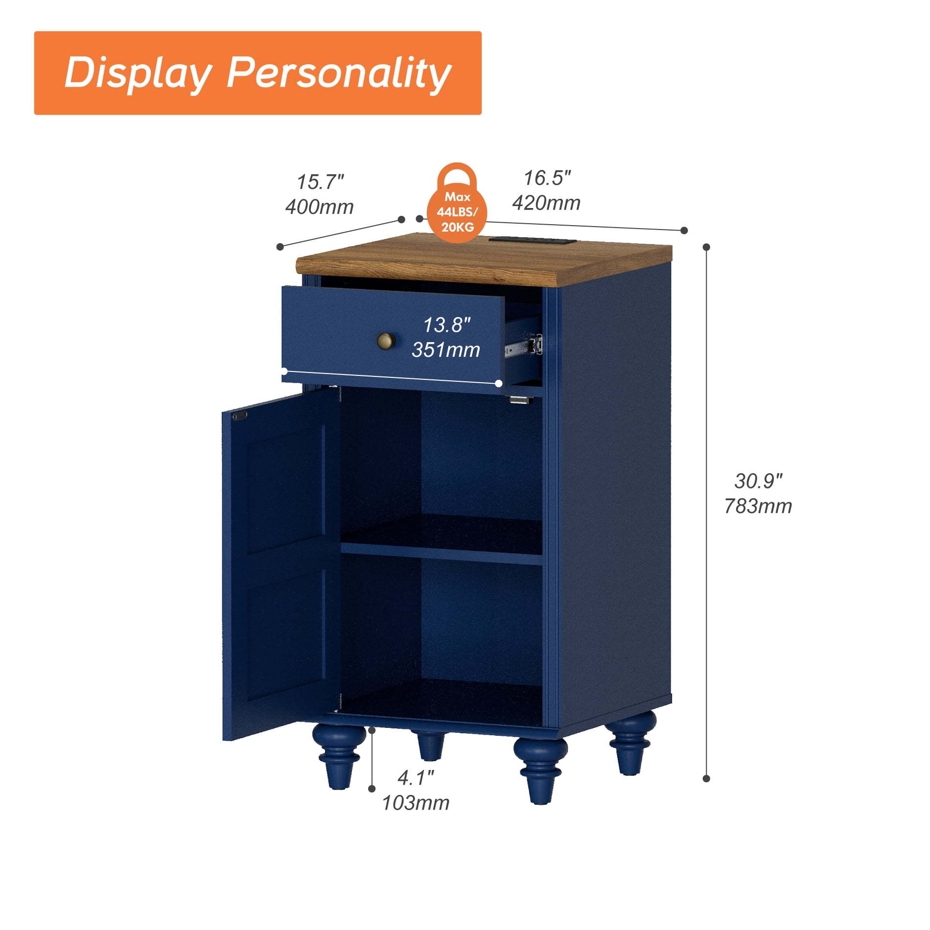 End Table with Charging Station, Nightstand with Power Outlets & USB Ports, Navy Blue, 2 PCS