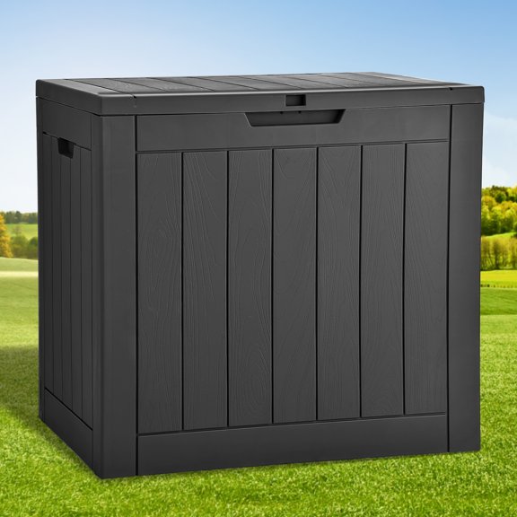 30 gallon outdoor storage box made of waterproof resin material, black terrace storage box can be used as a side table/seat, yard tool, toy storage container