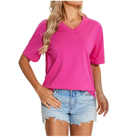 ZQUUVOU Women's Cotton T-Shirts Solid Color Summer Short Sleeve V-Neck Top(Hot Pink,XL)
