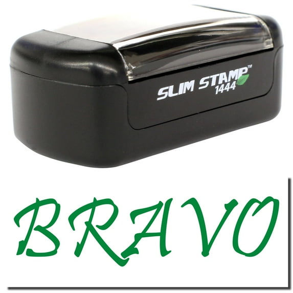 Slim Pre-Inked Bravo Stamp, Slim 1444, Ultra Slim Design, Impression Size 1/2" by 1-3/4", Up to 25,000 Impressions - Green Ink