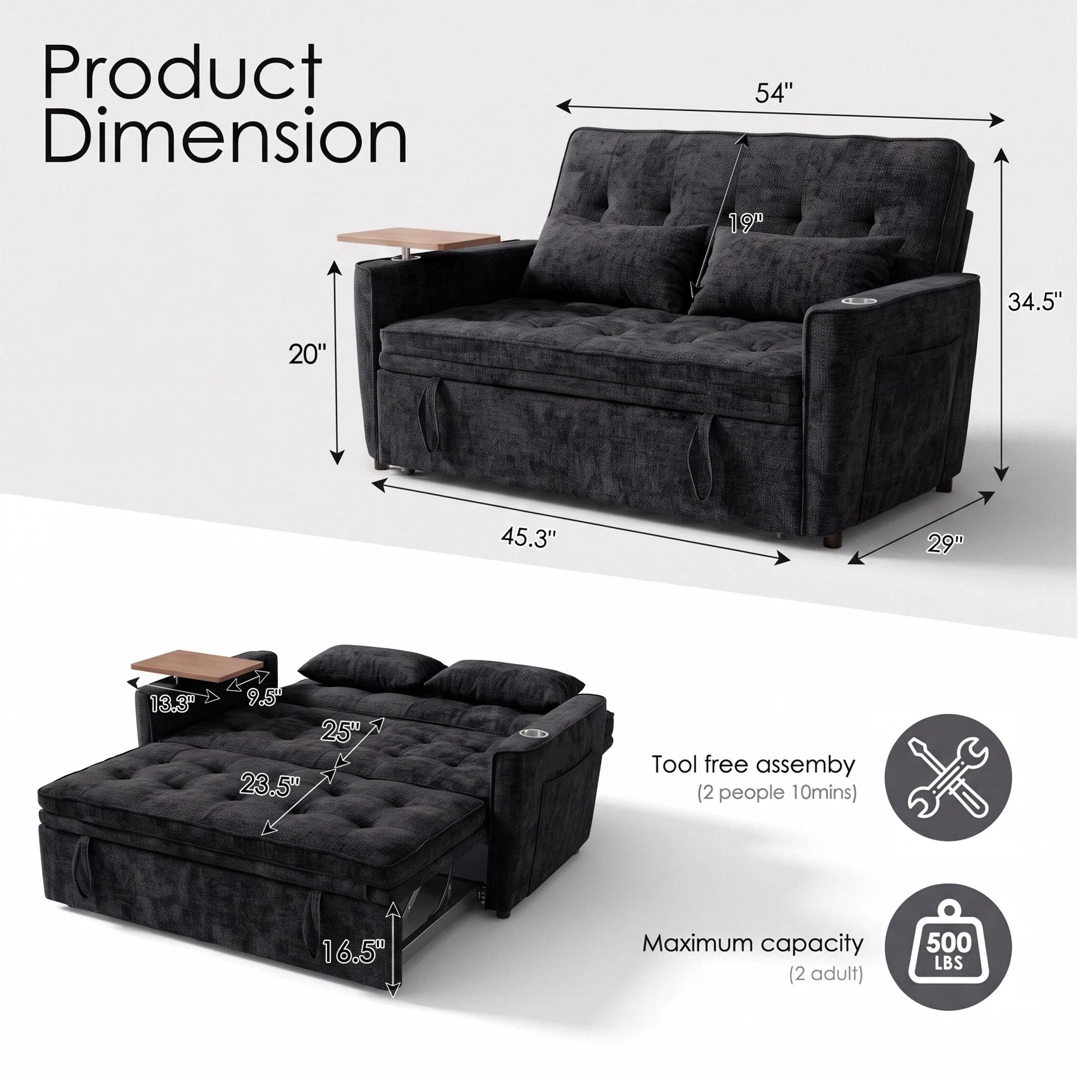 AISWORD 54" Convertible Pull Out Sleeper Sofa Bed, Chenille Loveseat Couch with USB Port, Side Tray Table, Cup Holder, Storage Pockets & Adjustable Backrest for Small Spaces, Black