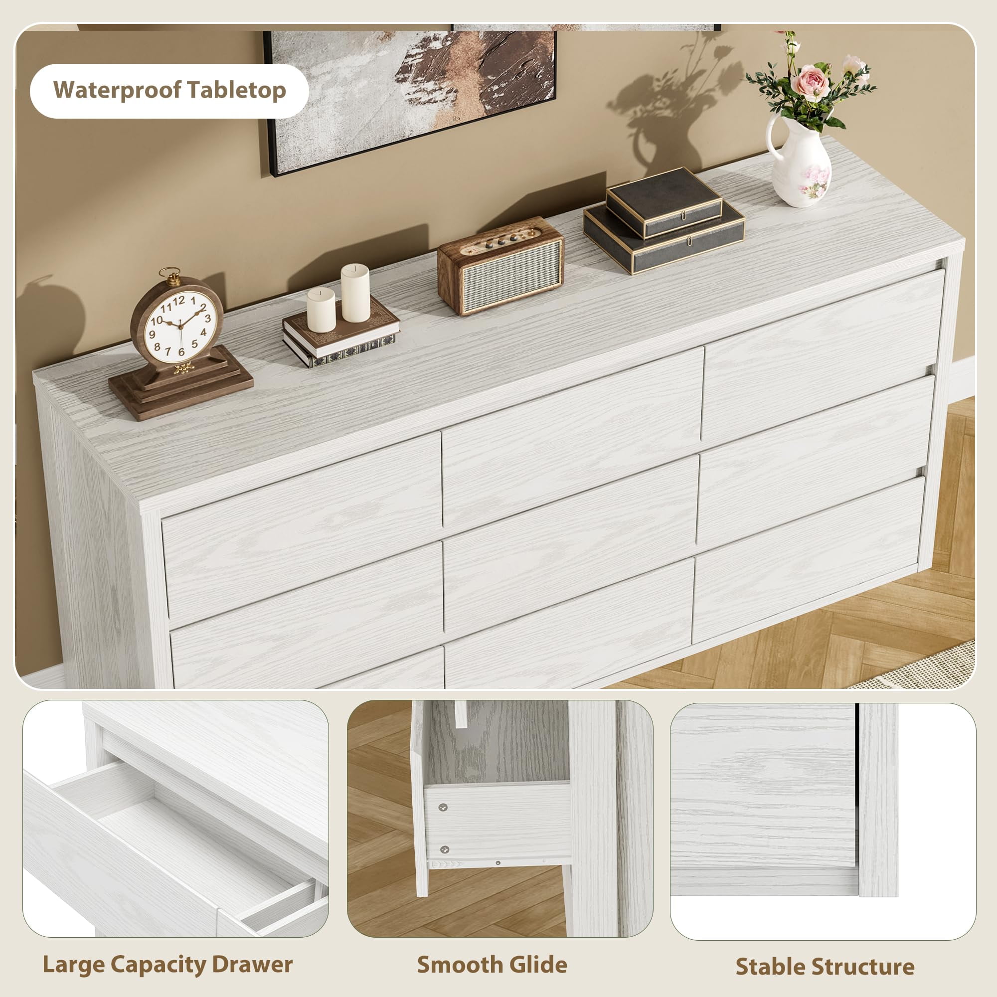 9 Drawer Dresser for Bedroom, Wide Chest of Drawers with Handleless Design, Large Wood Storage Organizer for Living Room Hallway Entryway, White
