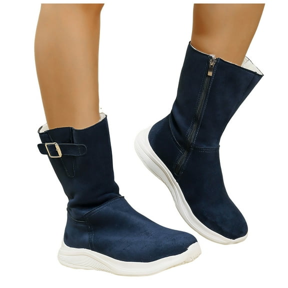 Women's Plush Mid Calf Boots Suede Fleece Lined Platform Booties Winter Warm Non Slip Work Shoes