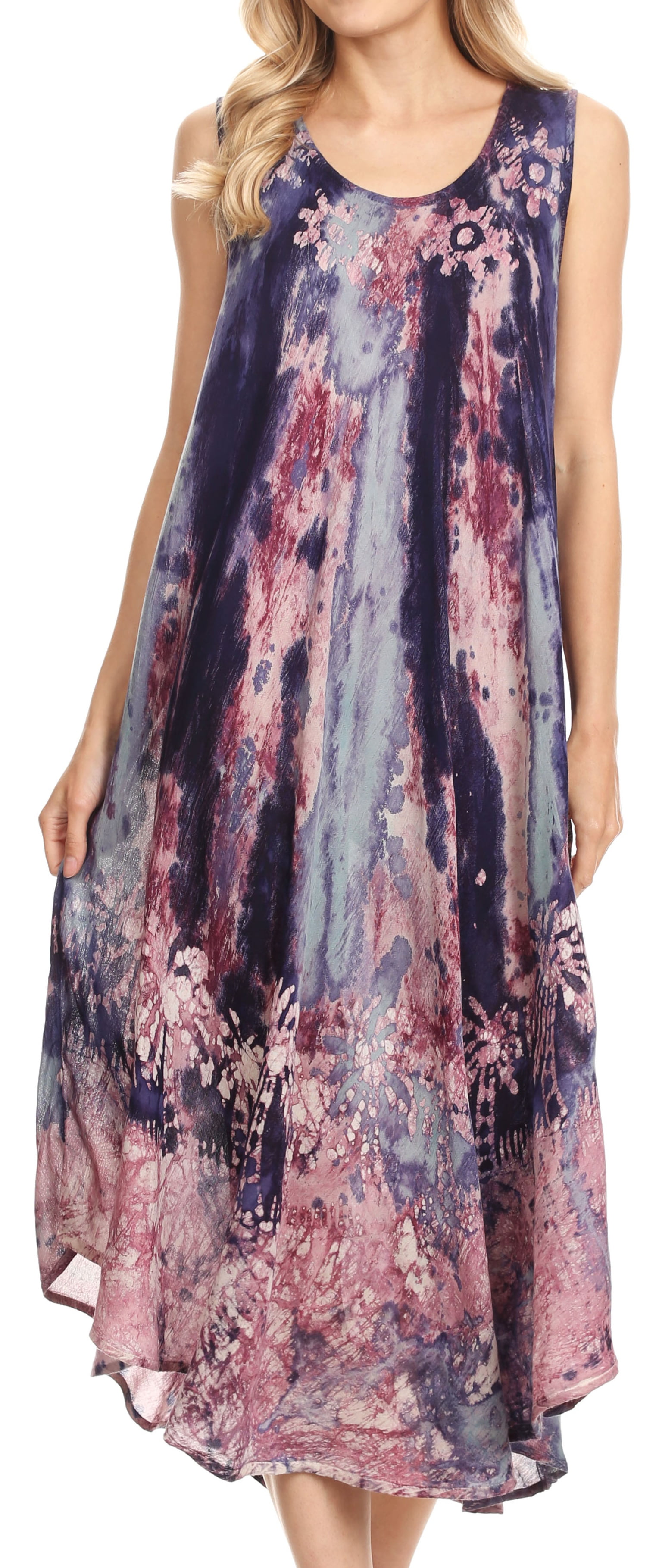 Sakkas Julia Boho Flared Multi-Color Marble Batik Rayon Long Dress/Cover Up