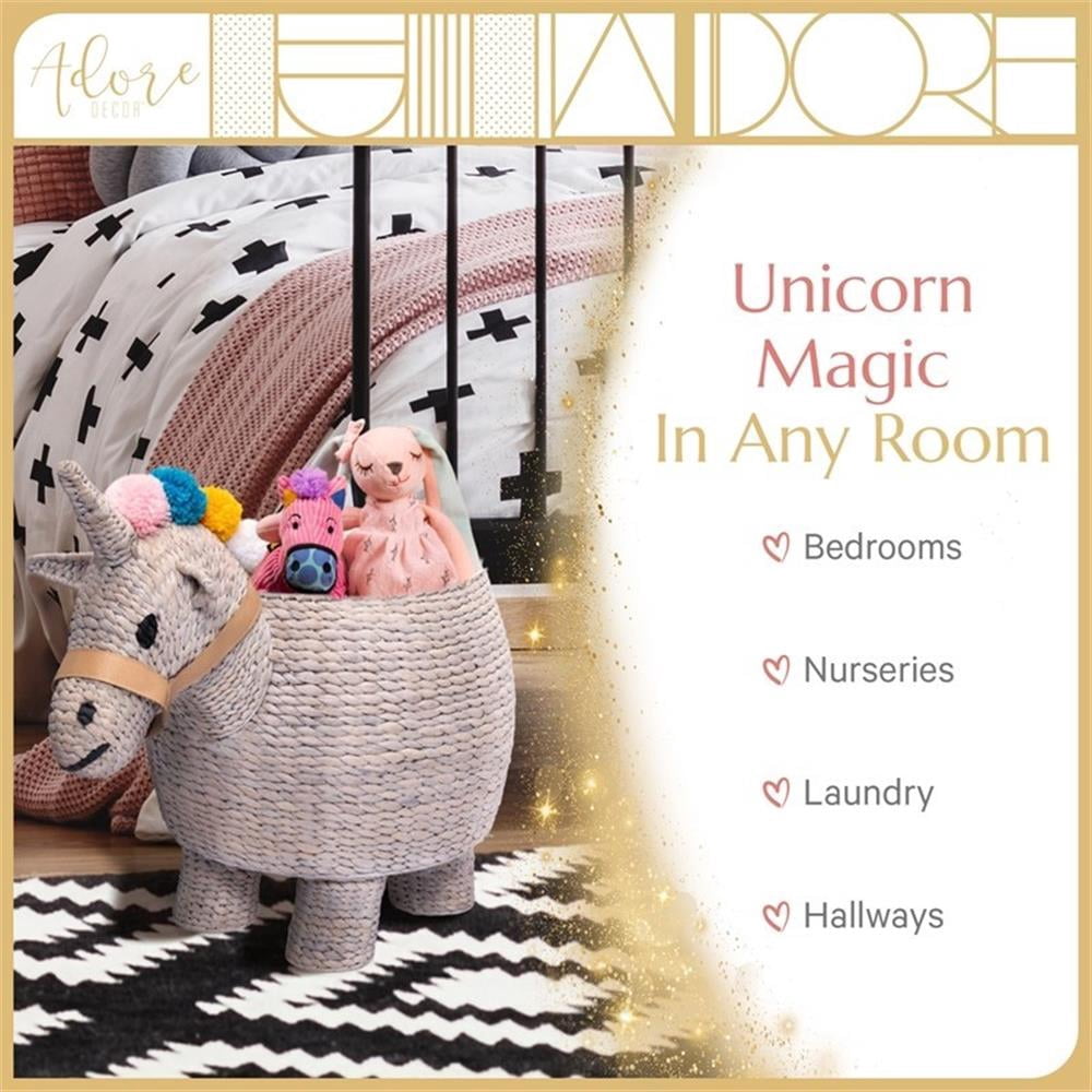 Adore Decor Unicorn Water Hyacinth Laundry Hamper Light Gray
