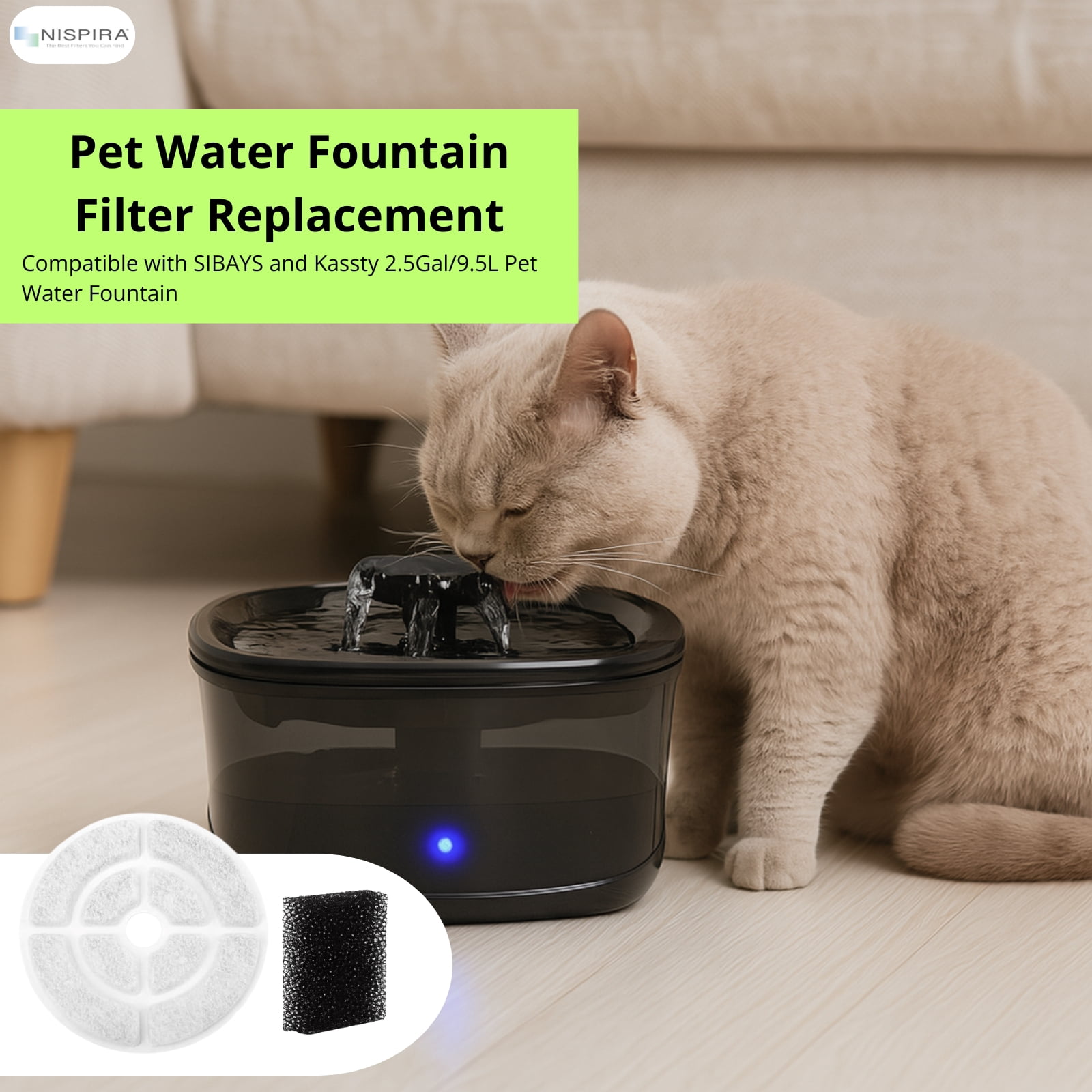 Nispira Cat Water Fountain Filter Replacements for Kastty Sibays 2.5Gal/9.5L Large18CM Dog Water Fountain Dispenser Wireless Pumps Black Sponge, 12 Packs