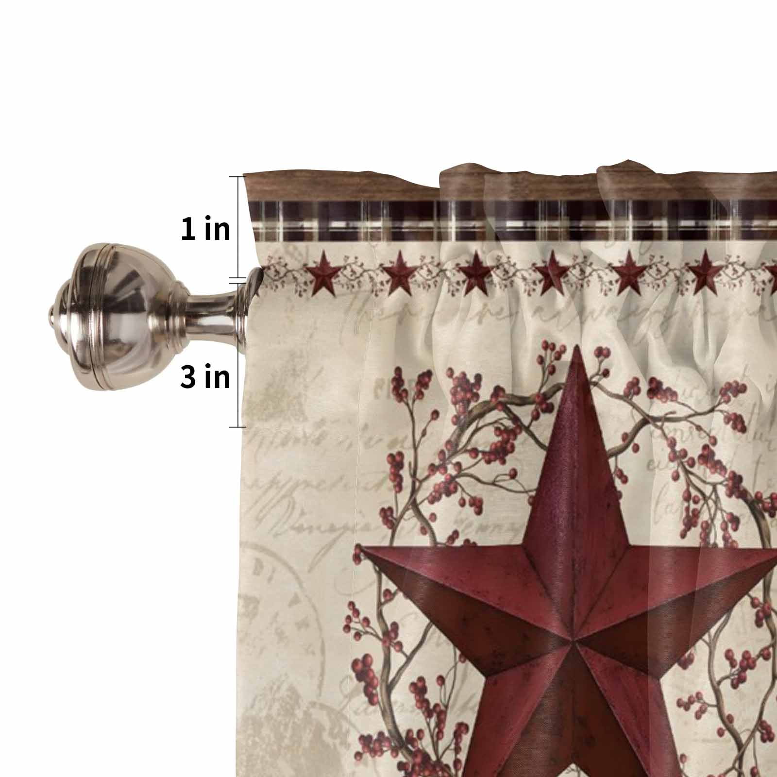 Country Star Kitchen Curtains Valance and Tier Set Red Stars Berry Linen Texture Brown Plaid Wood Grain Rod Pocket Short Curtains for Small Window 3 Pieces Set for Bedroom Cafe (54" x 18"+27" x 36")
