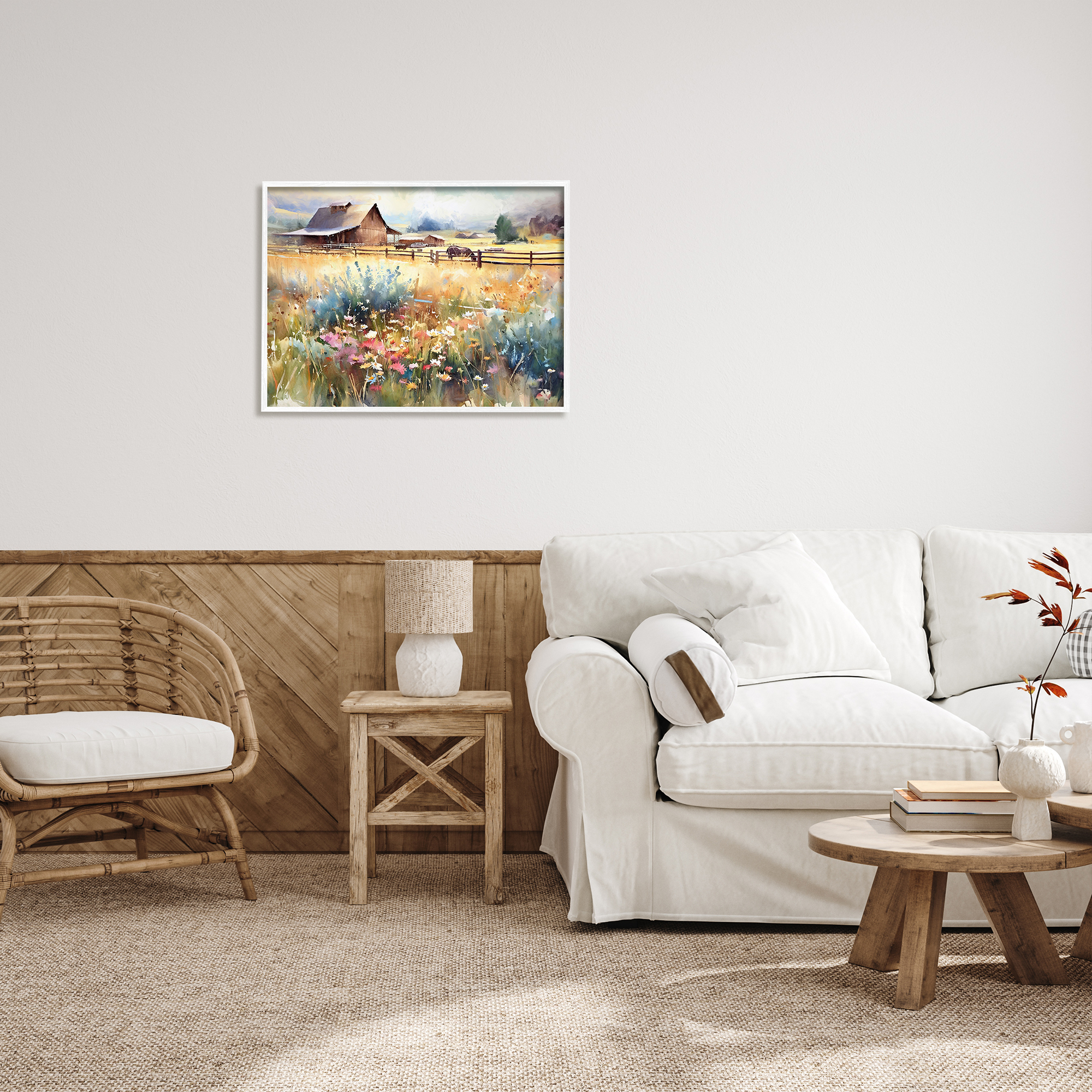 Stupell Industries Horse in Farmhouse Meadow Landscape Painting White Framed Art Print Wall Art, 30 x 24