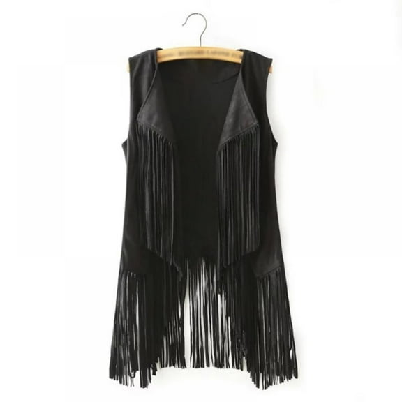 Women Cool Fringe Vest Faux Suede Tassels Cardigan Vintage 70s Hippie Clothes Open-Front Sleeveless Vest Top Female