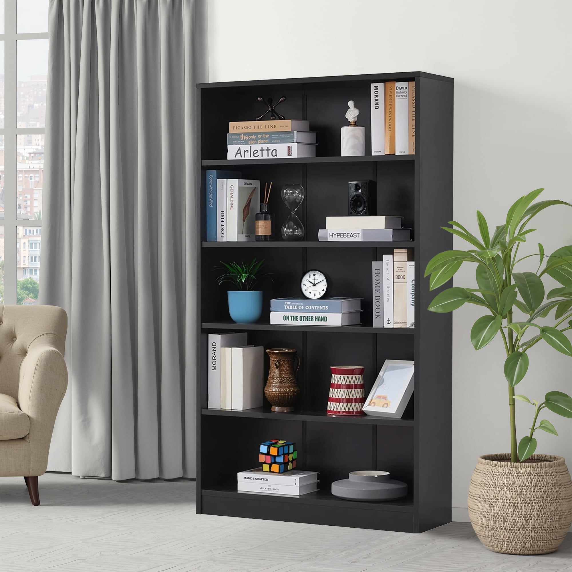 MAYEERTY Black 4-Shelf Modern Wood Bookcase, 48" Tall, for Bedroom, Living Room, and Manga Library