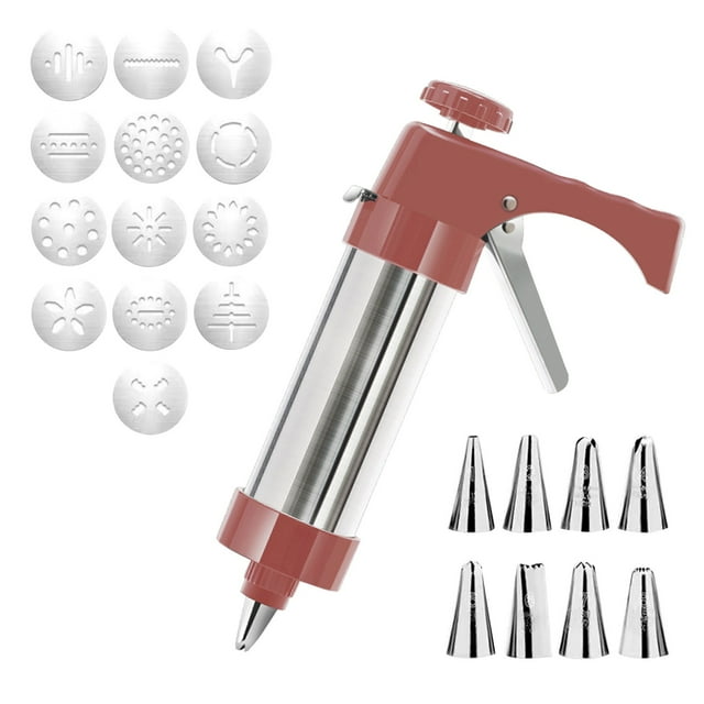 Cookie Press, Baking Spritz Cookie Press, Stainless Steel Cookie Press Gun Kit with 8 Frosting Tips and 13 Cookie Discs for Making Cookies and Decorating