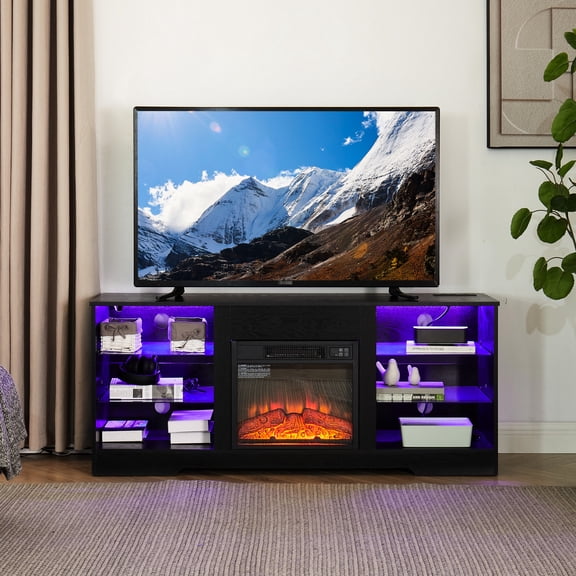58" TV Cabinet with 18" Electric Fireplace, 7-Color LED - Multifunctional TV Stand for Cozy Nights