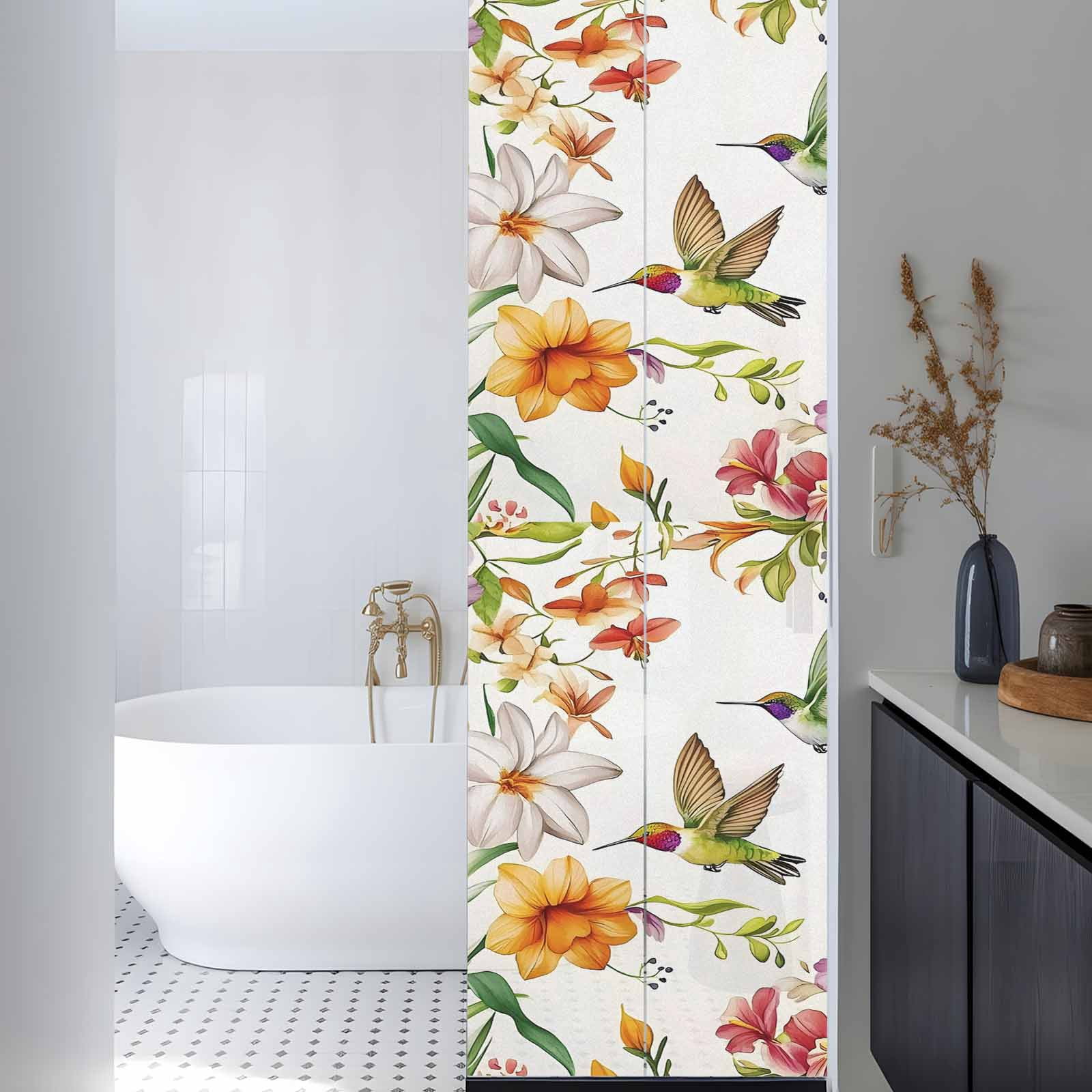 No Glue Heat Blocking Window Flims, Spring Floral Hummingbird Window Privacy Film Frosted, Pastoral Rustic Botanical Flowers Peep-proof Door Windows Tint for Bathroom, Dormitory, 17.7 x 78.7 Inches