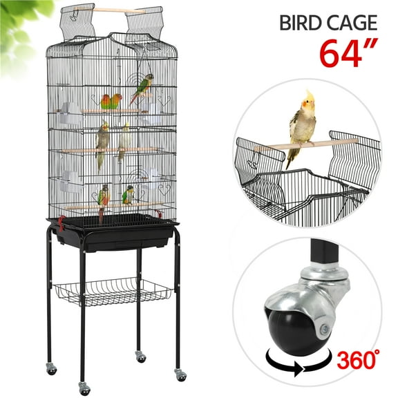 Renwick 64"H Open Top Rolling Metal Birdcage for Budgie Parrot Canary Cockatiel, Black