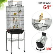 Topeakmart 64'' H Open Top Metal Bird Cage Large Rolling Parrot Cage with Double Doors & Slide-out Tray& Four Feeders & Detachable Rolling Stand Black