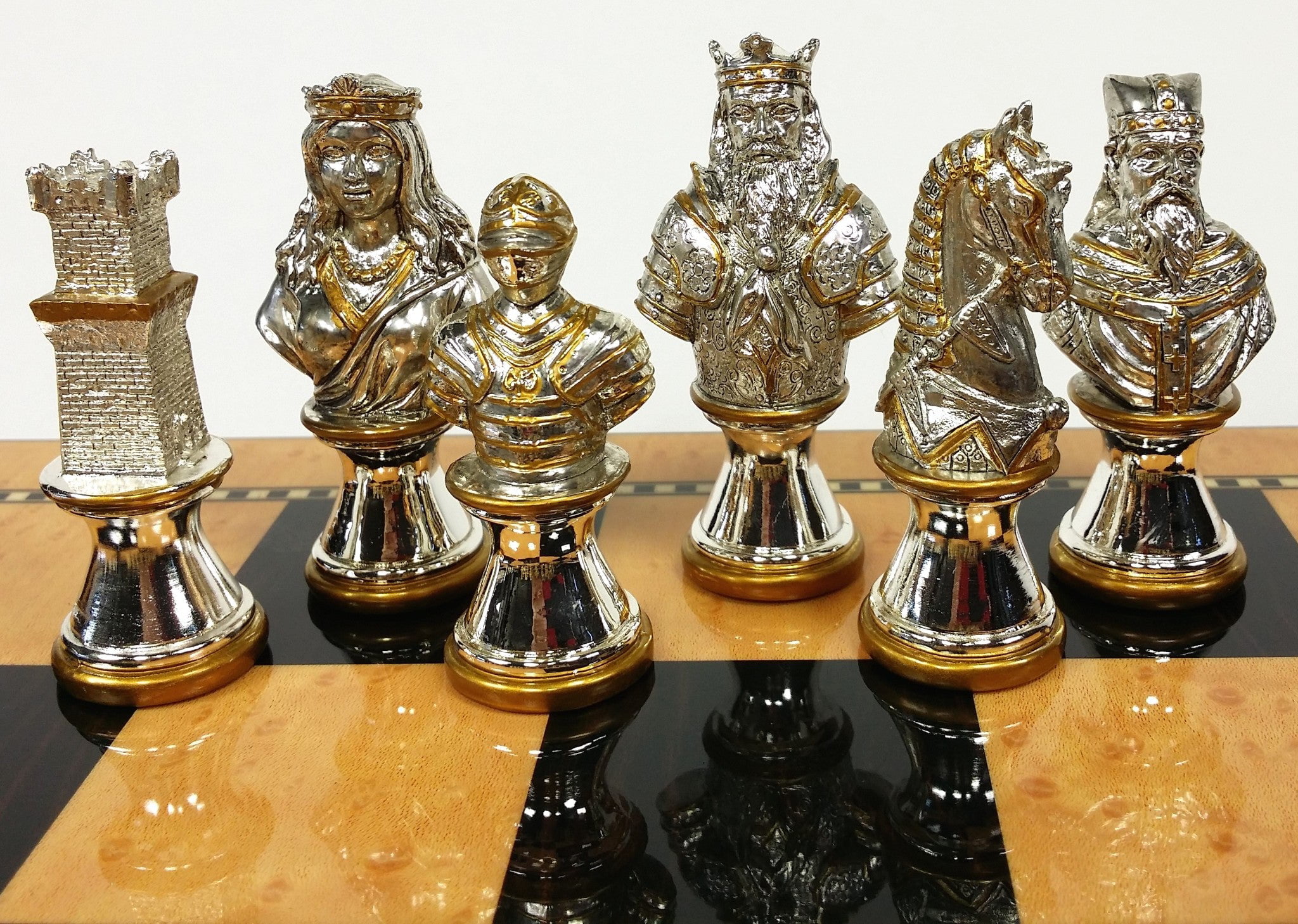 METAL Medieval Times Crusades Gold Silver Busts Chess Set Walnut