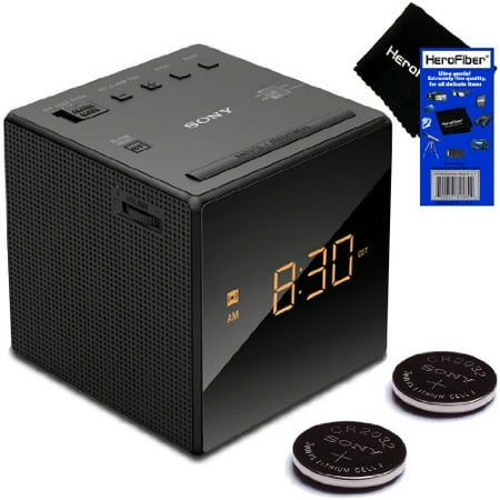 - Sony Alarm Clock with Gradual Wake Alarm, Extendable Snooze, AM/FM Radio, Auto Daylight Savings Time Adjustment, Large LED Display, & Battery Backup (Black) + Sony Batteries (2 pack) + HeroFiber