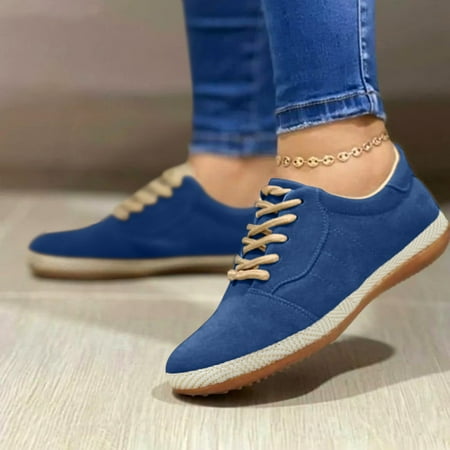 

Women Shoes Women Suede Breathable Solid Color Flat Round Toe Comfortable Lace Up Casual Single Shoes Blue 9