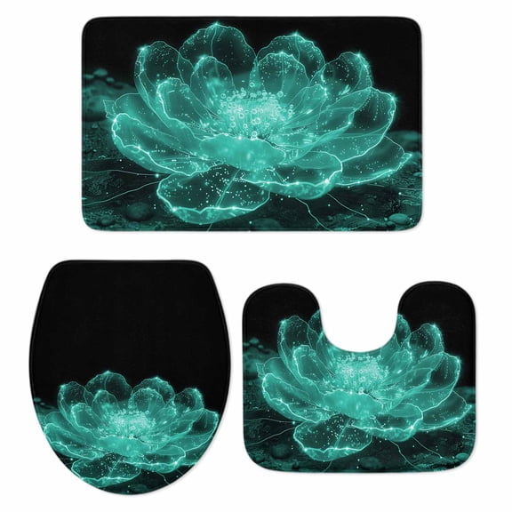 Teal Black Floral Bath Mat 3 Piece Bathroom Rug Set, Modern Minimalist Ombre Botanical Non Slip Bath Rug Contour Mat and Toilet Lid Cover, Absorbent Shower Mats Soft Bath Rugs and Mats Sets