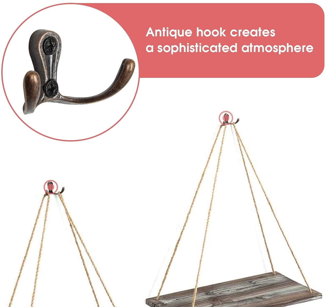 J JACKCUBE DESIGN Rustic Wood Hanging Shelves Set of 3 Farmhouse Bohemian Room Décor Floating Rope Display Shelf Plant Holder for Living Room Bedroom Kitchen Rope Shelves -MK555AAA
