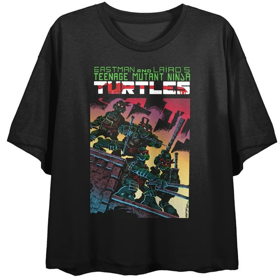TMNT Comics Origins Cover Art Women's Black Short Sleeve Crew Neck Crop Tee-Small