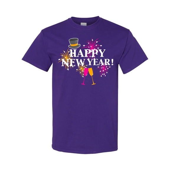 Inktastic Happy New Year with Hat Fireworks and Wine Glasses T-Shirt