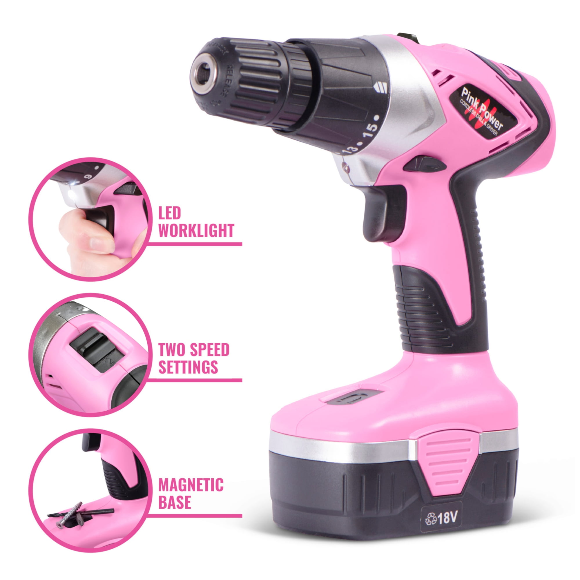 Pink Power Drill Set for Women 18V Lightweight Pink Cordless